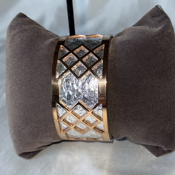 Modern Rose Gold & Silver Tone Snakeskin Textured Lattice Cuff Bracelet - Picture 3 of 11